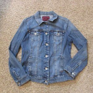Pink Apples Large Blue Denim Jean Jacket Pockets Button Front